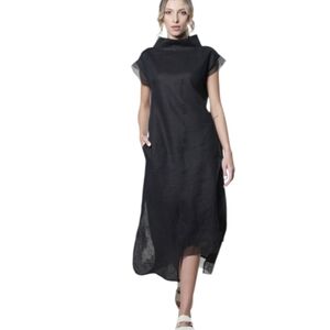 Black Linen Midi Dress with High Neck